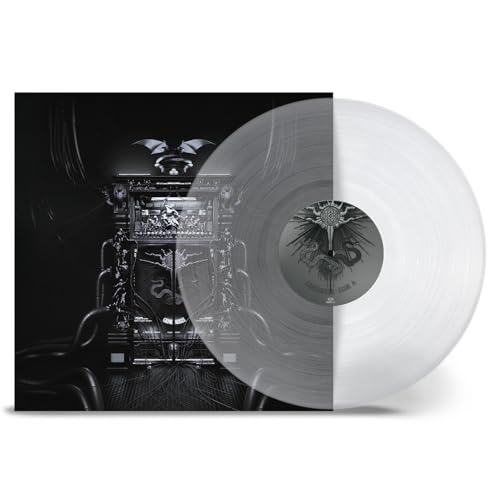 A clear vinyl record next to its album cover featuring dark industrial machinery.