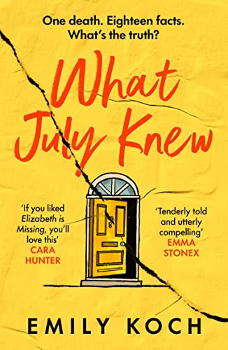 Book cover: “What July Knew” with a cracked window illustration.