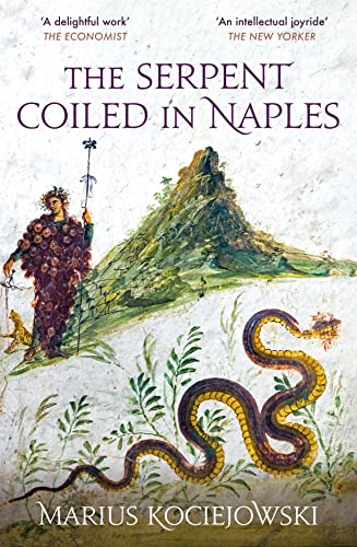 Book cover: painting of Mount Vesuvius, a figure, and a coiled serpent.