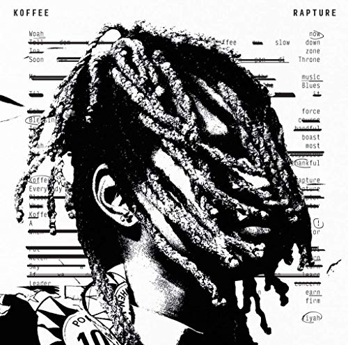 Black and white portrait of Koffee with dreadlocks and text overlays.