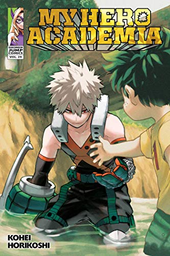 Manga cover showing Katsuki Bakugo in a stream reaching toward a young Izuku Midoriya.