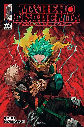 Deku holds an injured Bakugo against a red, textured background on this manga cover.