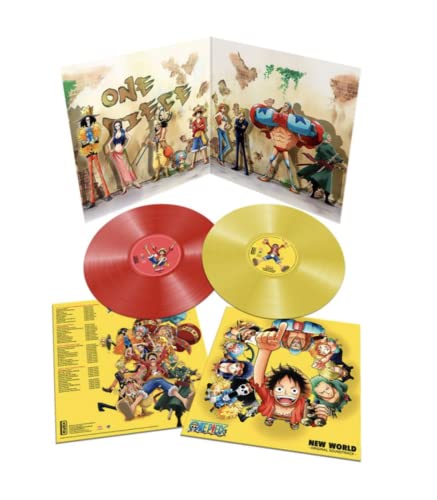 One Piece New World OST vinyl: red and yellow records with cover art.