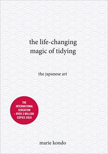 "Book cover with white background, wavy pattern, and red circular badge, titled 'the life-changing magic of tidying'."
