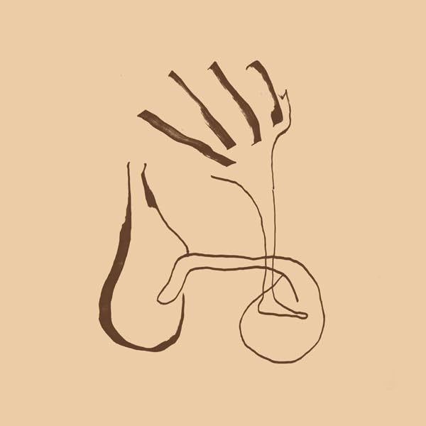 Brown line drawing of a hand and abstract organic shapes.