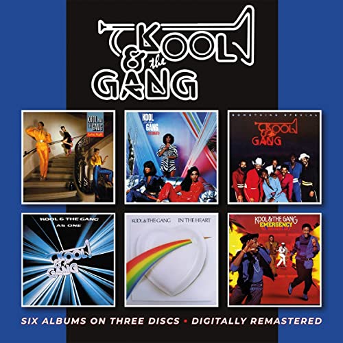 Six Kool & The Gang album covers arranged in a grid on a blue background.