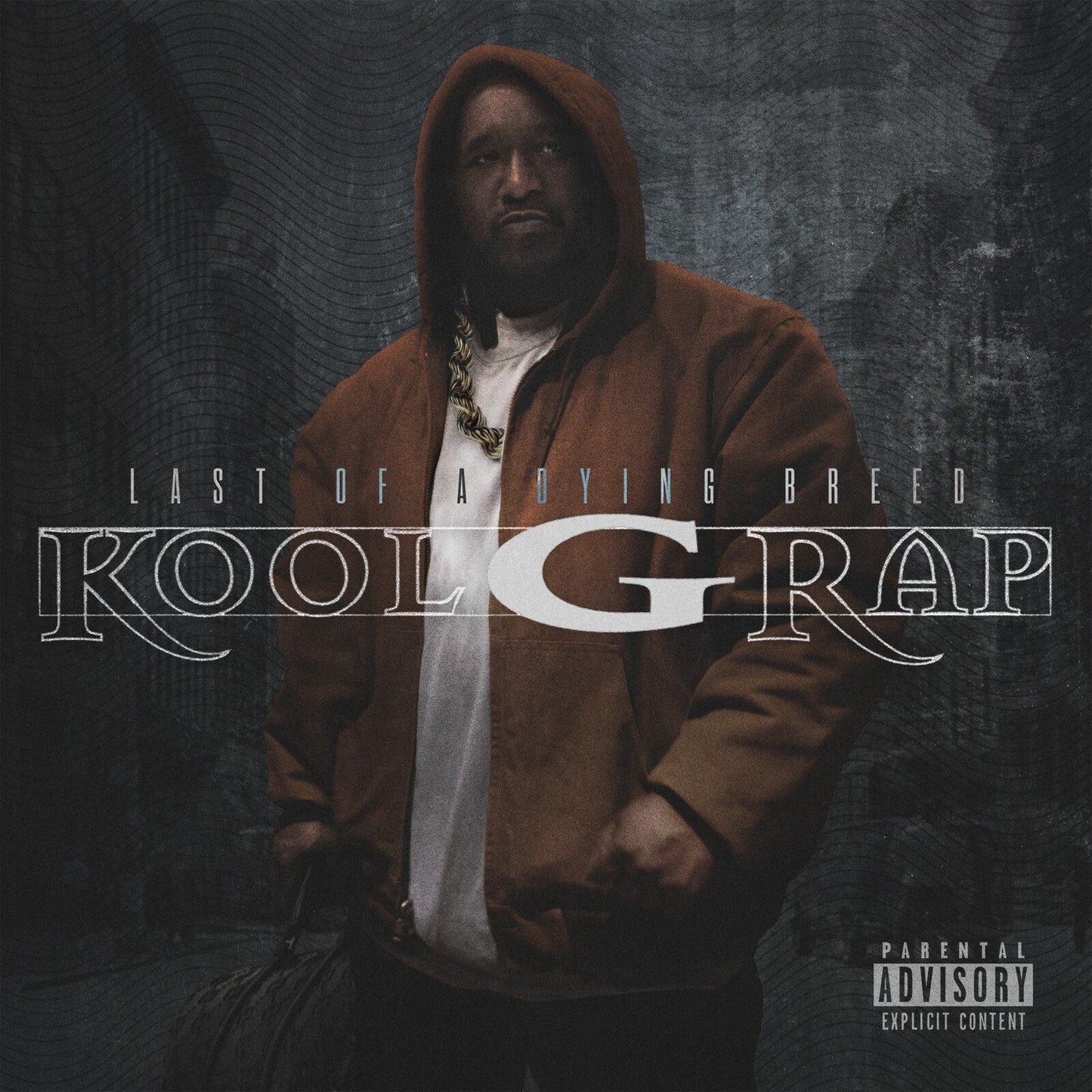 Kool G Rap wearing a brown hooded jacket against a dark, textured background.