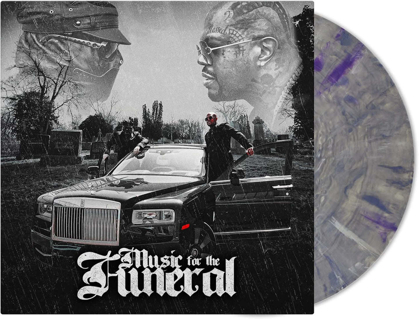 Vinyl record cover featuring two men and a car in a graveyard with purple-marbled disc.