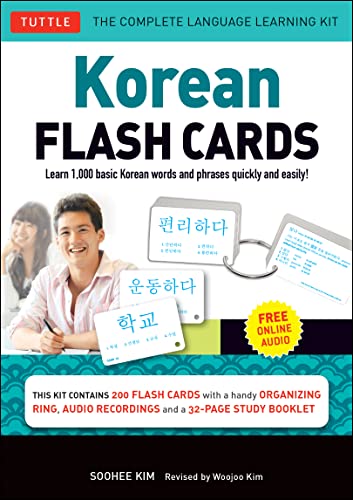 Korean flash cards kit with people, cards displaying Korean text, and audio access.