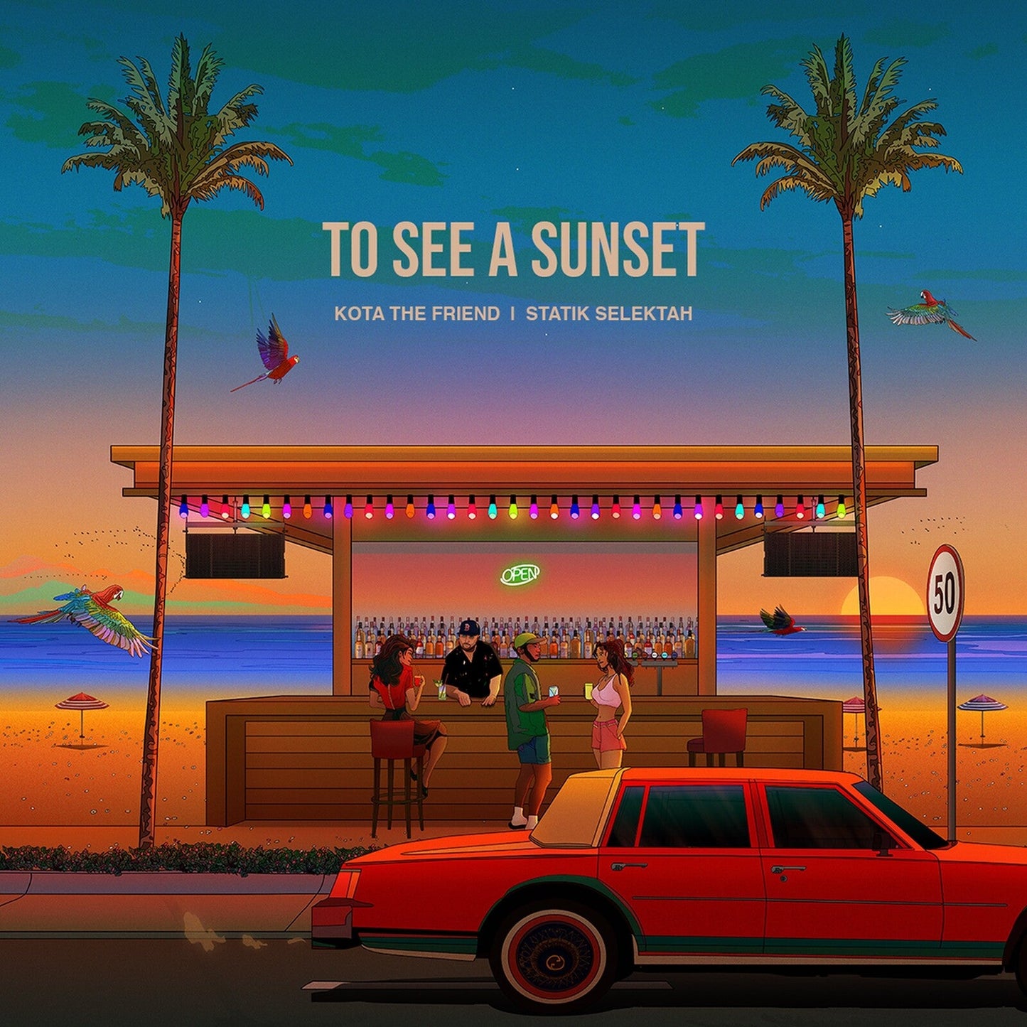 Illustrated beach bar scene at sunset with a red car in the foreground.