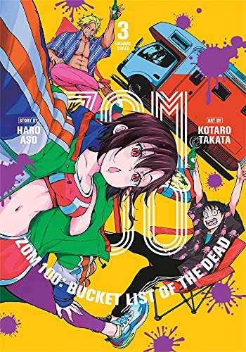 Manga cover featuring three characters, a camper van, and purple splatters on yellow background.
