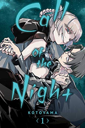Two anime characters embracing under a starry night sky with blue text overlay.