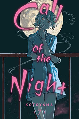 A girl with short hair stands on a balcony before a full moon at night.