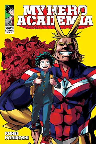 Manga cover featuring two young men, Izuku and All Might, with colorful backgrounds.