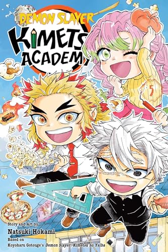 Manga cover featuring chibi characters Mitsuri, Rengoku, and Sanemi from Demon Slayer Kimetsu Academy.