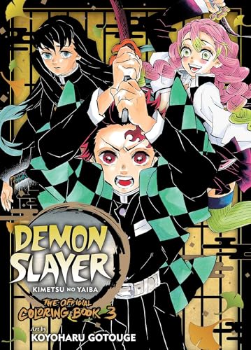 Demon Slayer" coloring book cover featuring Tanjiro, Nezuko, and Shinobu in action poses.