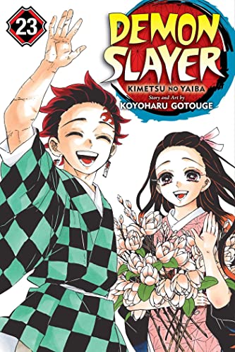 Manga cover featuring Tanjiro waving and Nezuko holding flowers, titled Demon Slayer volume 23.