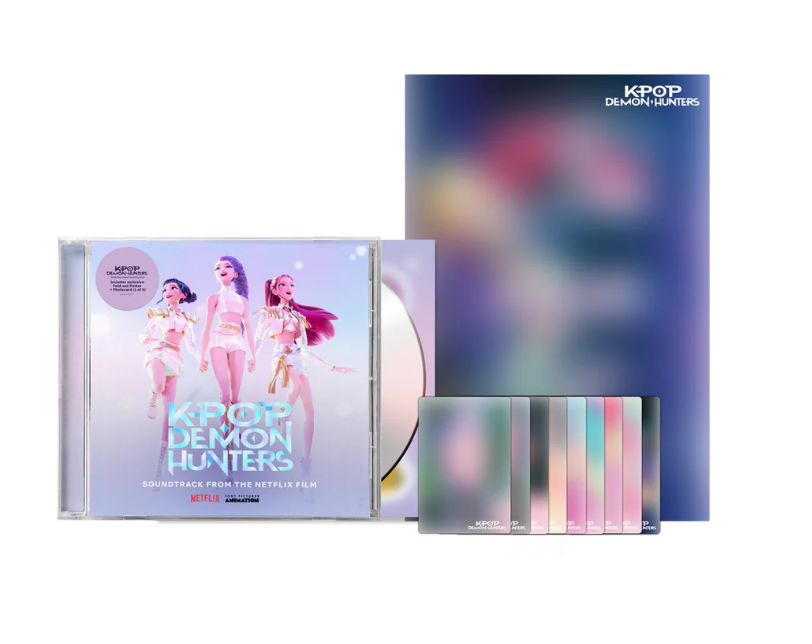 “KPop Demon Hunters” CD and case with colorful character illustrations.