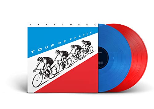 "Kraftwerk Tour de France vinyl record with blue and red discs, blue, white, and red cover."