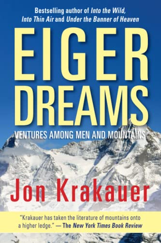 Book cover for Eiger Dreams by Jon Krakauer featuring a snow-covered mountain peak.