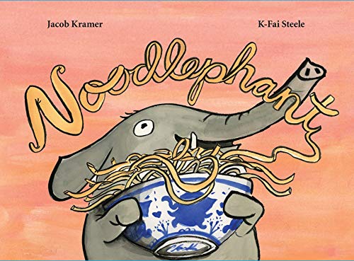 Book cover: gray elephant with spaghetti noodles spilling from a blue bowl.