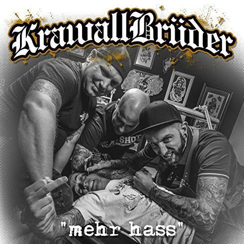 Black and white photo of three men tattooing a person, with the band name above.