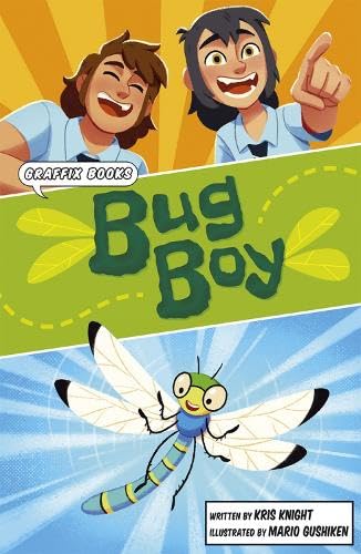 Book cover: two boys and a cartoon dragonfly with green text.