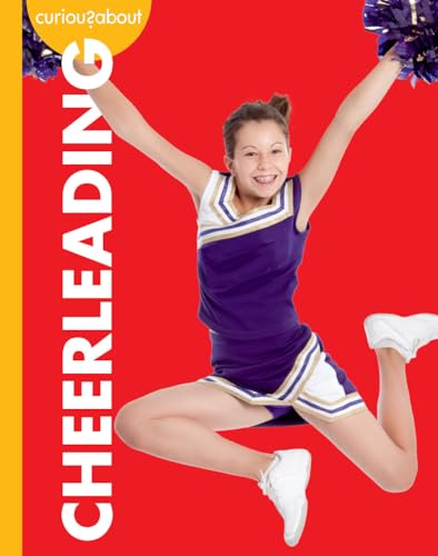 Cheerleader in purple and white uniform jumping with pom-poms against a red background.