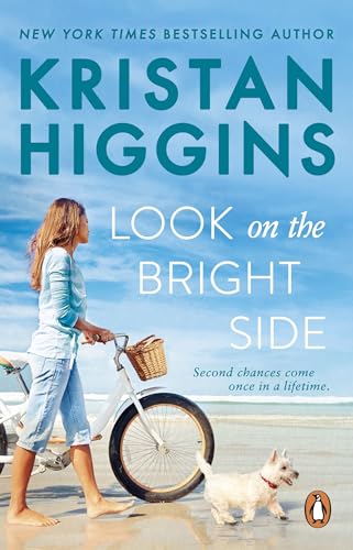 Book cover: woman with bicycle and small white dog on beach.