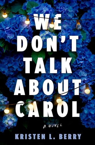 Book cover with white text over blue hydrangea flowers and string lights.