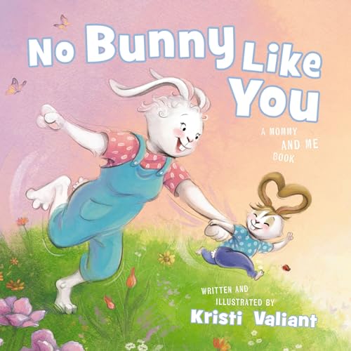 Illustration of a large bunny playfully running with a smaller bunny.