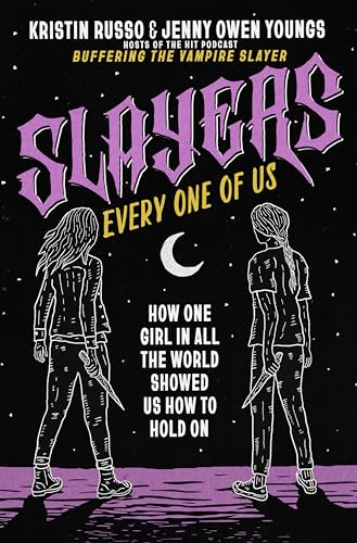 Book cover with purple text, two figures with knives, and a crescent moon.
