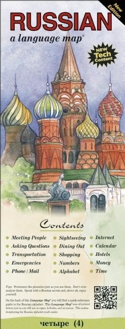 Tall, narrow language map of Russia featuring St. Basil's Cathedral and topic list.