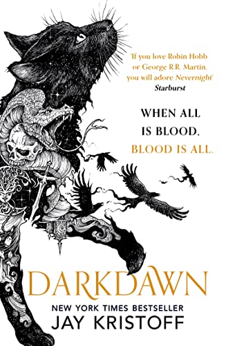 Book cover: dark illustration of a wolf, dragon, and ravens.