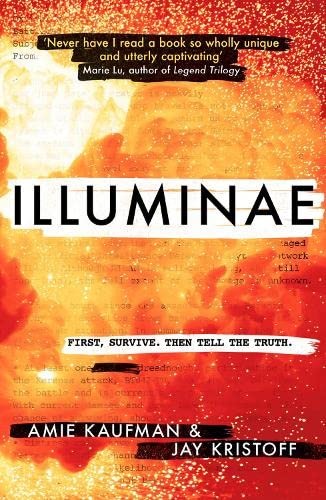 Book cover for Illuminae with red smoke background, black text, and redacted document style.