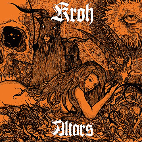 Orange album cover with gothic illustration of goats, skulls, and a woman.
