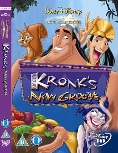 DVD cover art for Kronk's New Groove featuring Kronk, Kuzco, Yzma, and a squirrel.