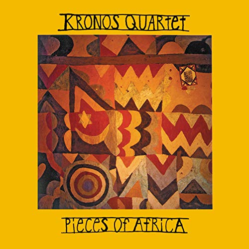 "Kronos Quartet - Pieces of Africa" vinyl album cover with abstract tribal pattern on yellow background.
