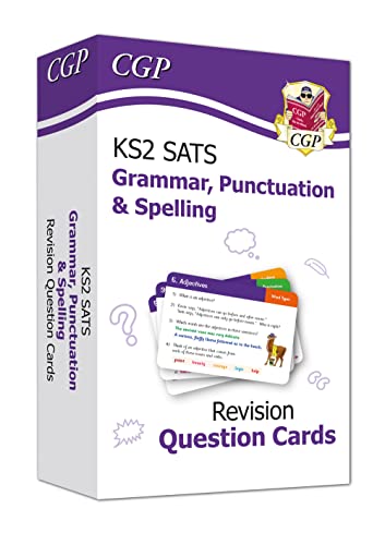 A box of CGP KS2 English Grammar, Punctuation and Spelling revision question cards.