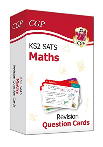 A box of CGP KS2 Maths SATS revision question cards with a sample card shown.