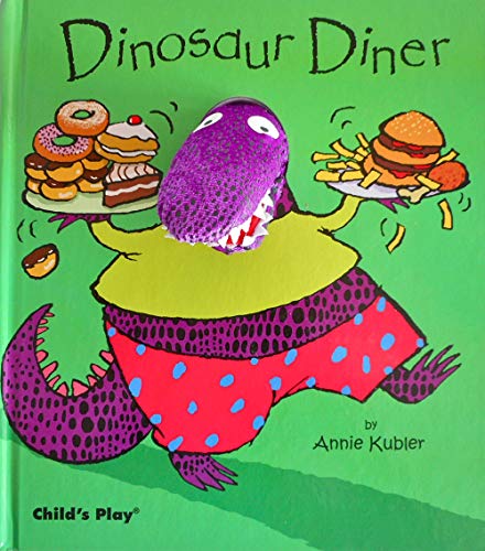 Purple dinosaur carrying plates of food, book cover illustration.