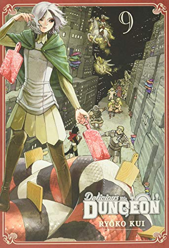 Manga cover: a large figure holds red objects, dungeon scene background.
