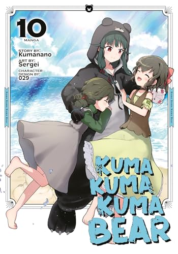 Manga cover featuring three girls and a large bear character at the beach.