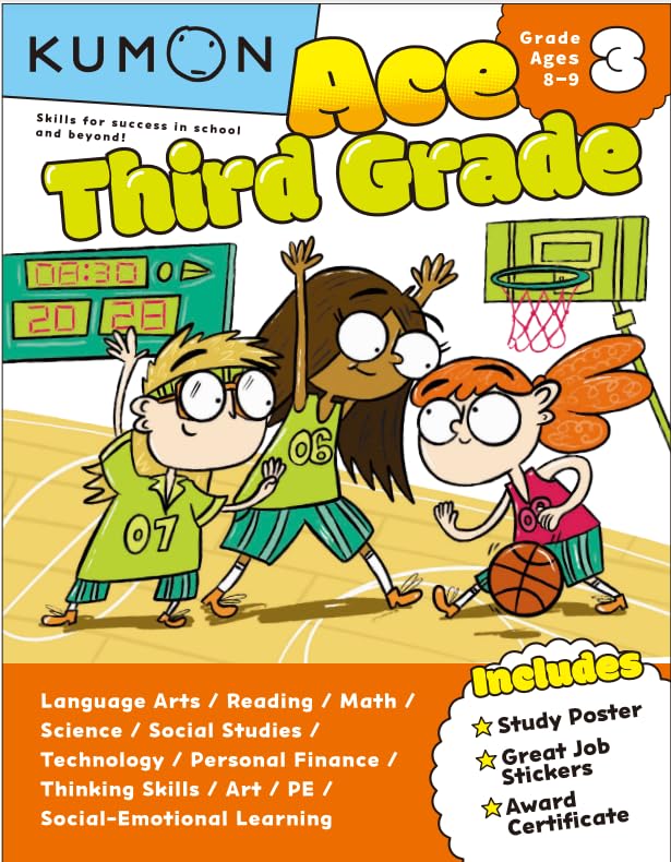 Kumon Ace Third Grade workbook cover with cartoon kids playing sports.
