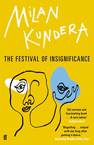 Yellow book cover with sketched faces and title “The Festival of Insignificance.”