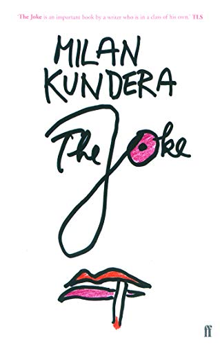 Book cover for “The Joke” by Milan Kundera with abstract lips illustration.