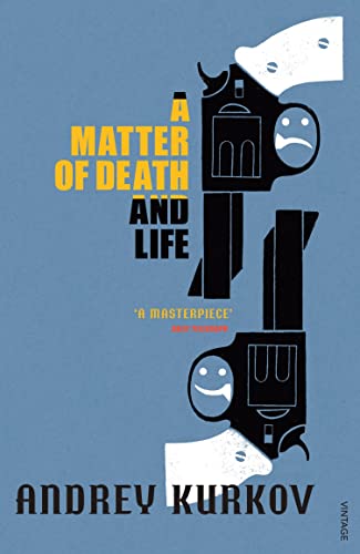 Book cover with title, author, and two illustrated revolvers featuring sad and happy faces.