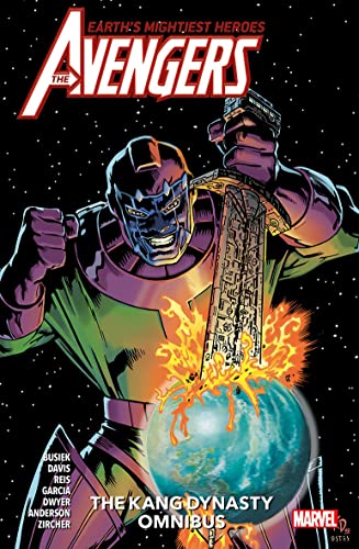 Kang the Conqueror holding a flaming sword over Earth on a comic book cover.