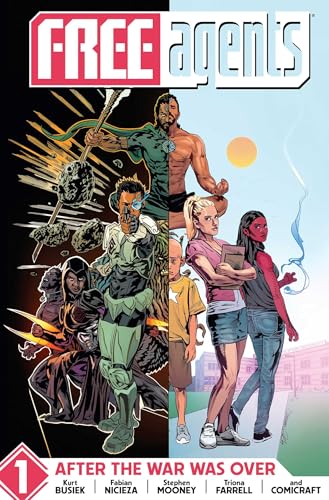 Comic book cover featuring diverse characters, split between light and dark backgrounds.