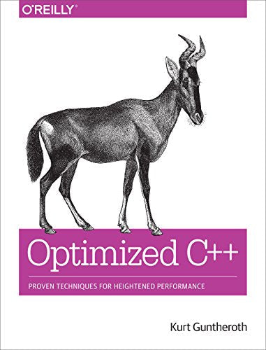 Book cover: antelope illustration, purple background, title “Optimized C++”.